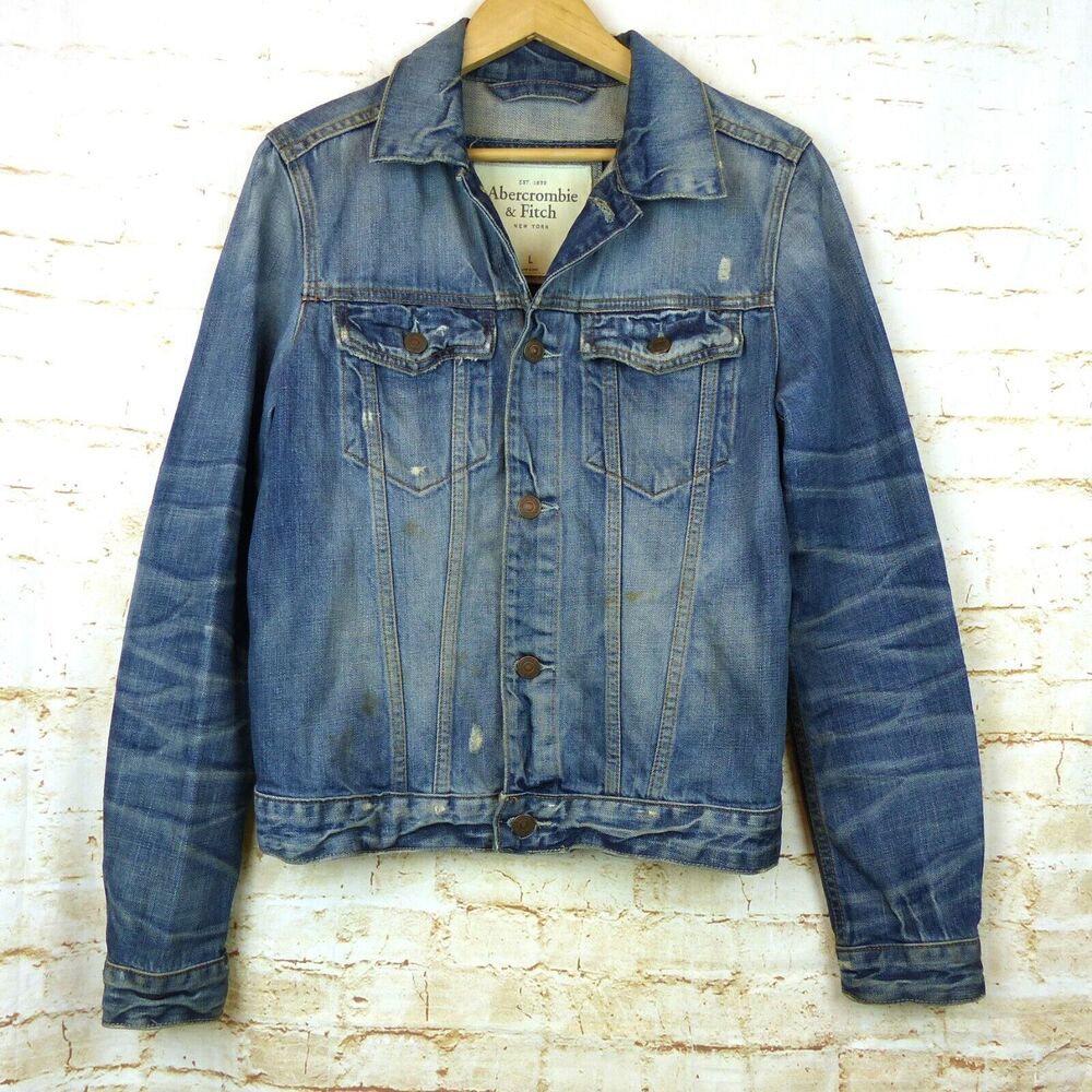 VTG Abercrombie & Fitch Trucker Jacket Men L Slim Blue Denim Wash Distress Y2K